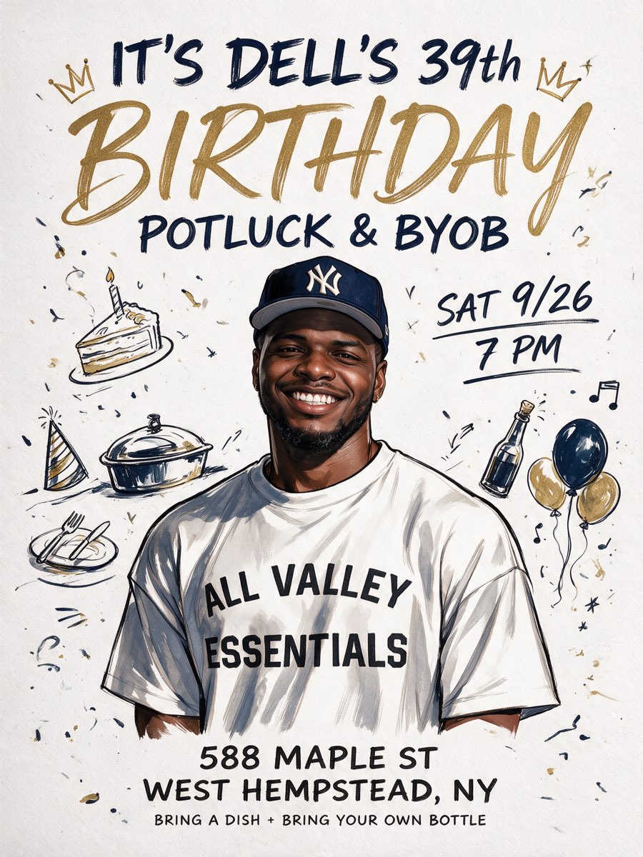 Illustrated flyer for Dell's 39th birthday potluck and BYOB, Saturday September 26 at 7 PM.